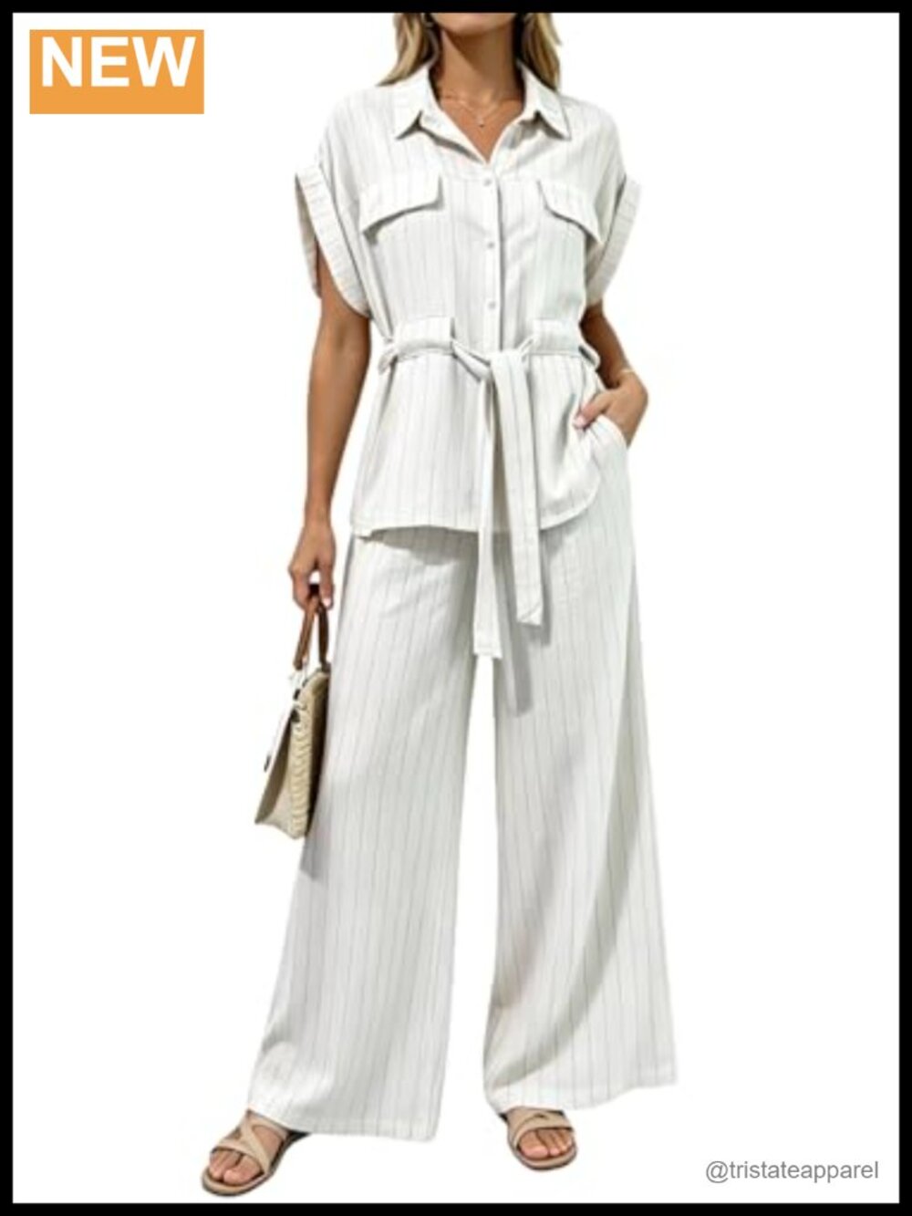 Women's Linen 2-Piece Outfit Striped Button-Up Top & Wide Leg Pants Set